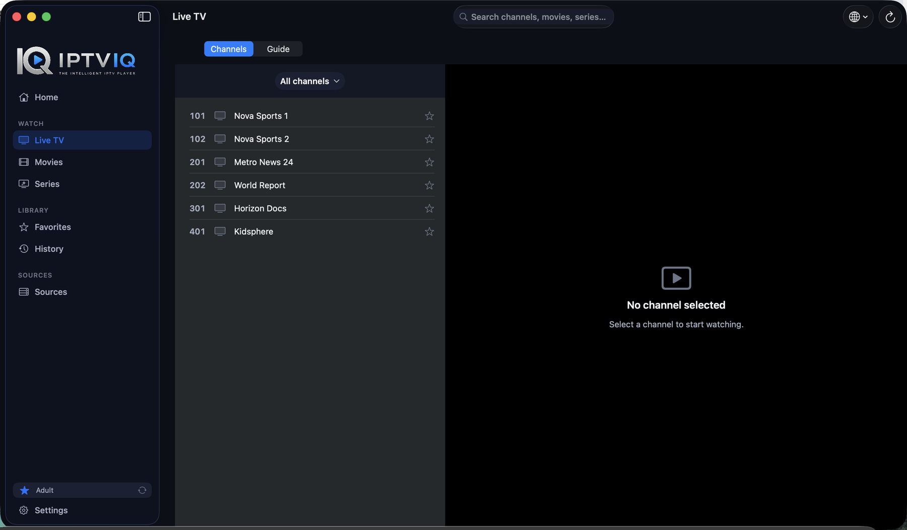 IPTVIQ Live TV channel list on macOS