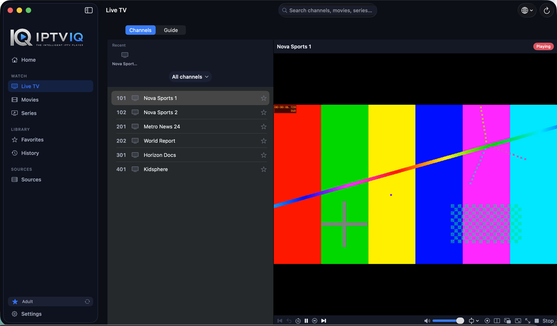 IPTVIQ playing a live channel on macOS, with transport controls and channel list visible