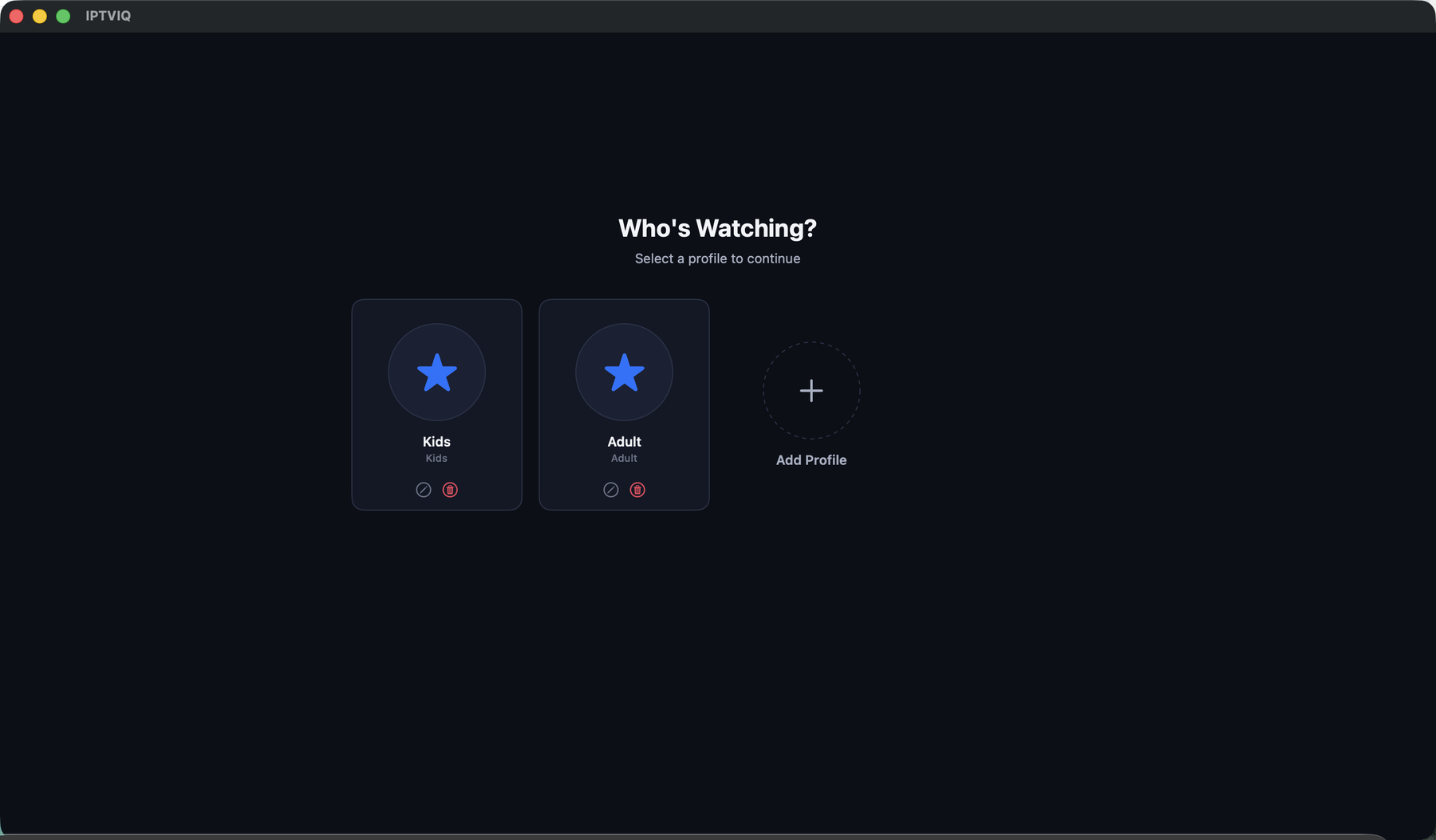 IPTVIQ Who's Watching profile picker, including a Kids profile