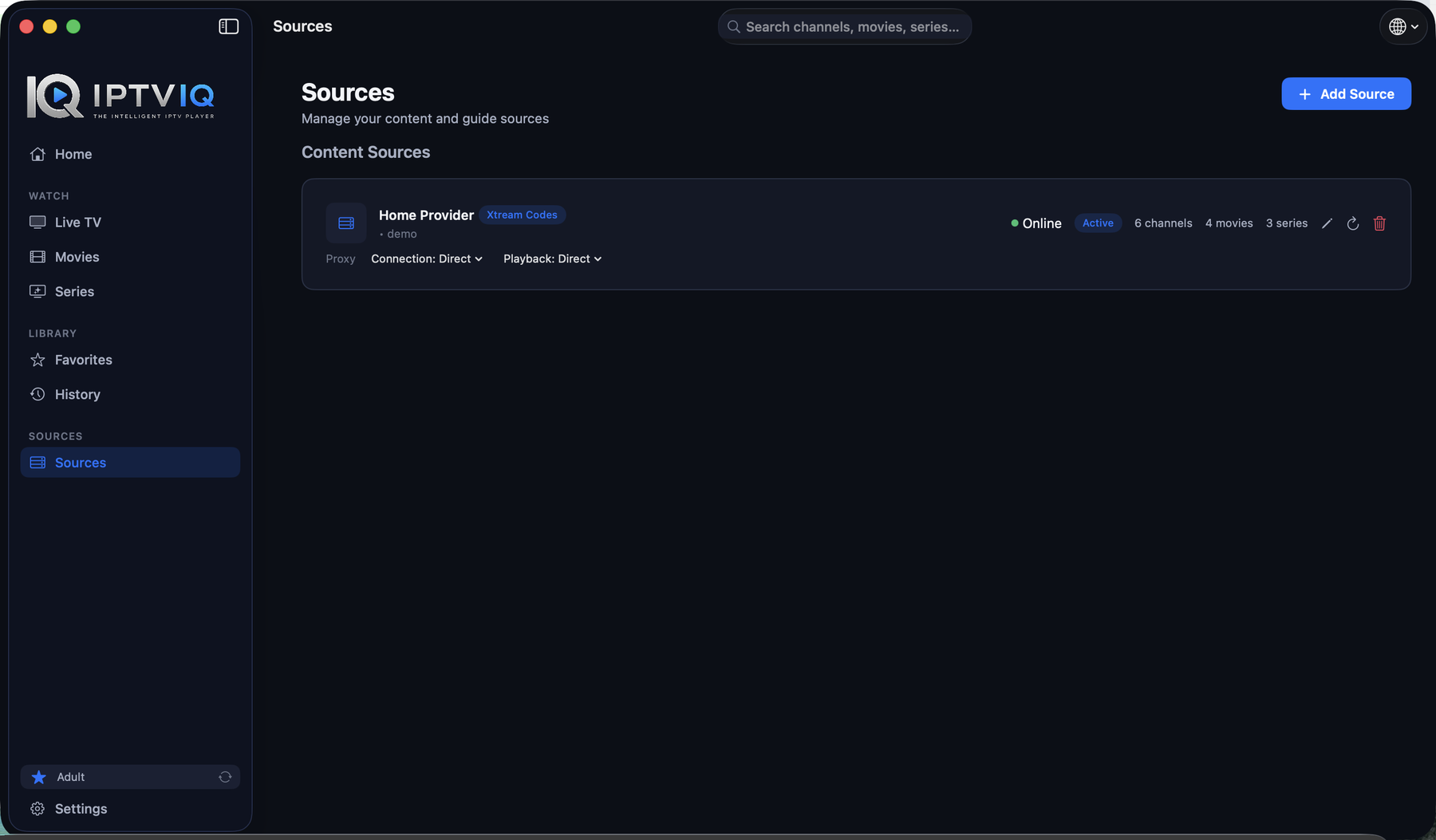 IPTVIQ Sources screen showing a connected Xtream Codes provider