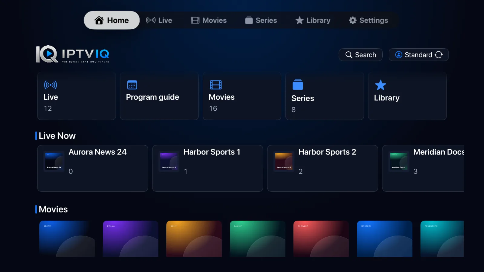 IPTVIQ Home on Apple TV: shortcuts to Live, Program guide, Movies, Series and Library, a Live Now row and a Movies row