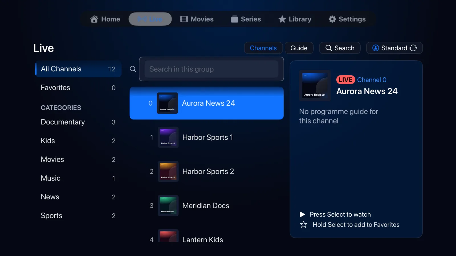 IPTVIQ Live on Apple TV: a category list, a channel list and a details panel for the selected channel