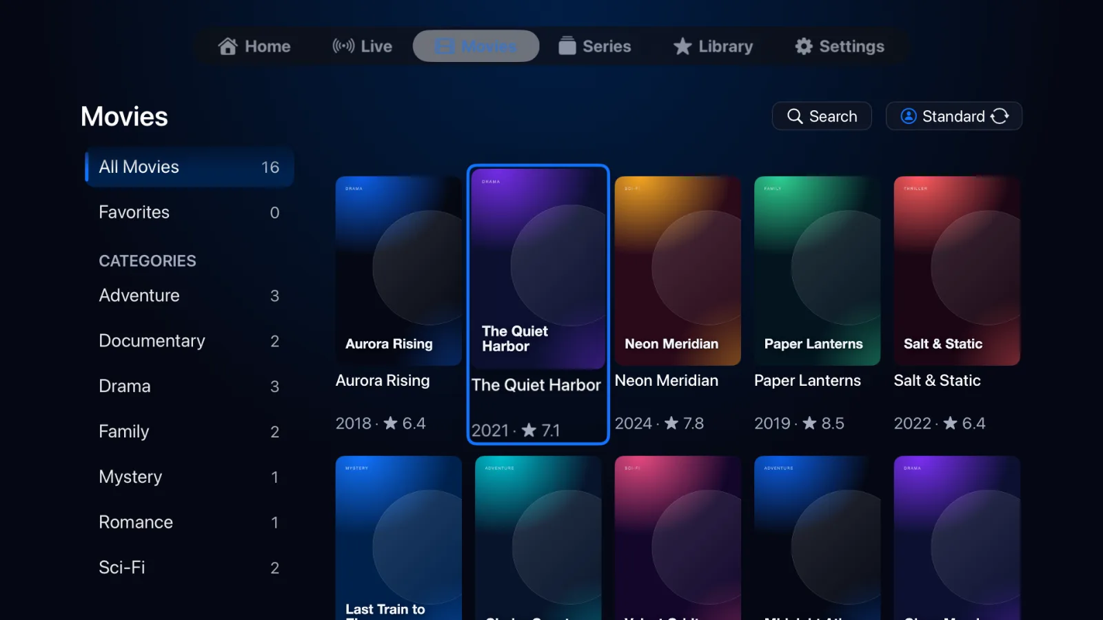 IPTVIQ Movies on Apple TV: a category list and a grid of movie posters with year and rating