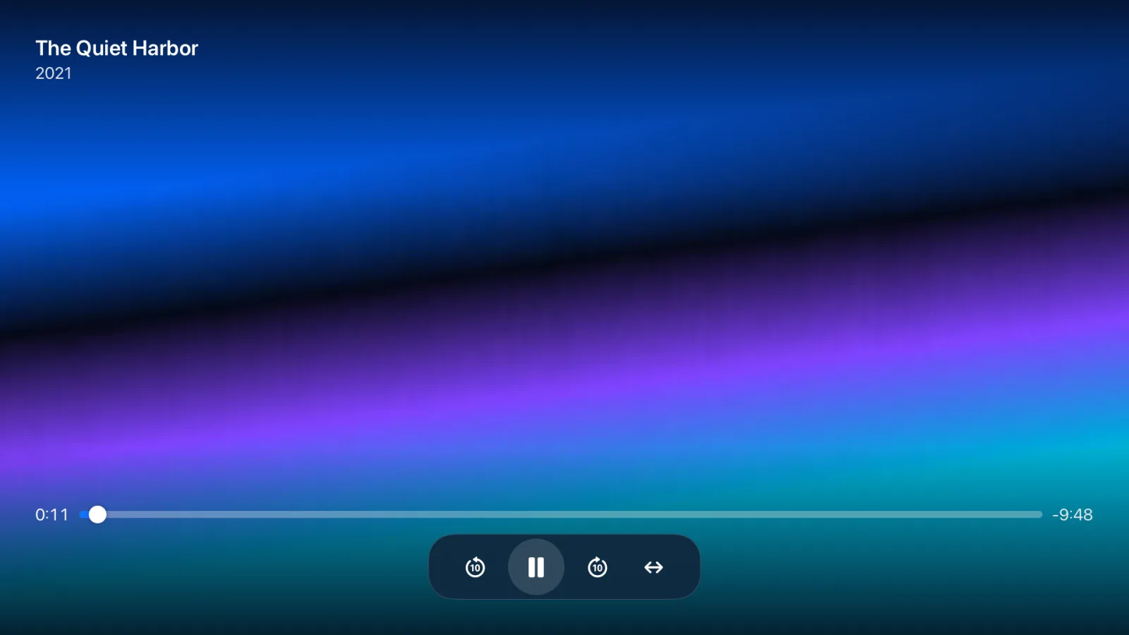 IPTVIQ playback on Apple TV with the title, a timeline and a capsule of play, skip back and skip forward controls